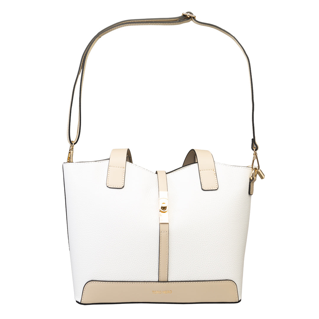 Sac à main pour femme en cuir véritable beige et blanc Sorina