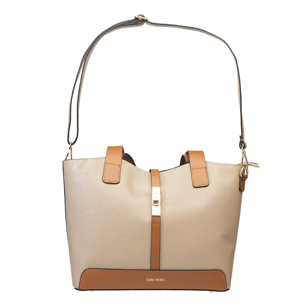 Damenhandtasche aus echtem taupefarbenem Leder Sorina