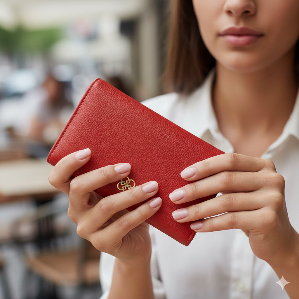 Damen-Geldbörse aus echtem Leder, rot, Details Klein
