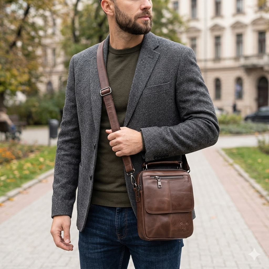 Herren Umhängetasche aus echtem Leder in Braun Trio