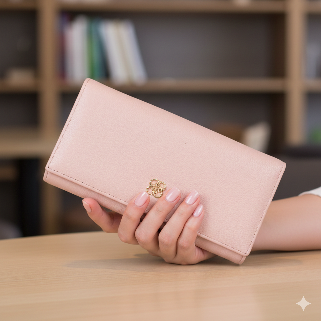 Damenbrieftasche aus puderrosa Echtleder – Details zurücksetzen