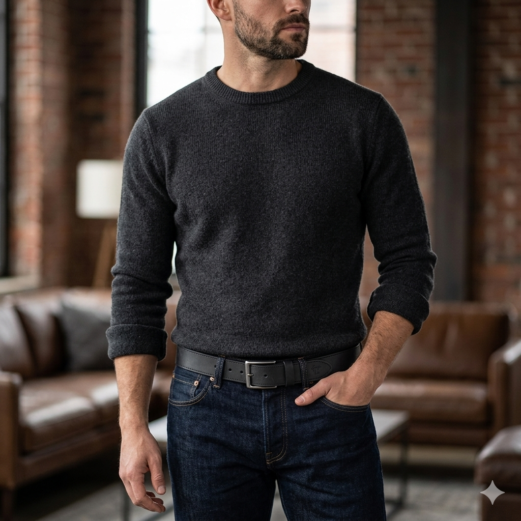 Męski pasek z czarnej skóry naturalnej Denim