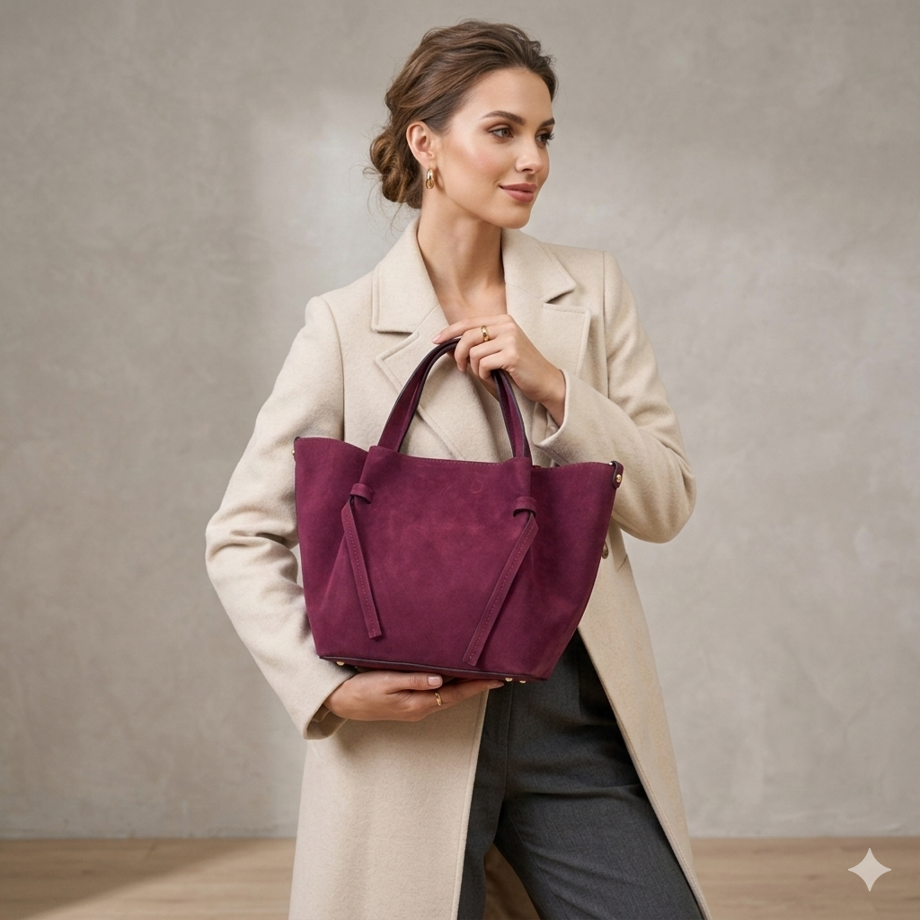 Sac à main femme en daim naturel prune Loretta