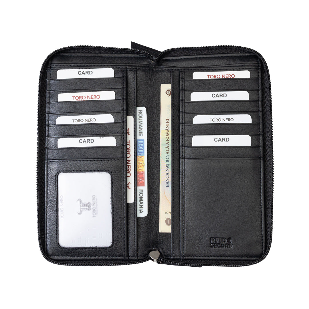 Portefeuille femme en cuir véritable noir Ina, protection RFID