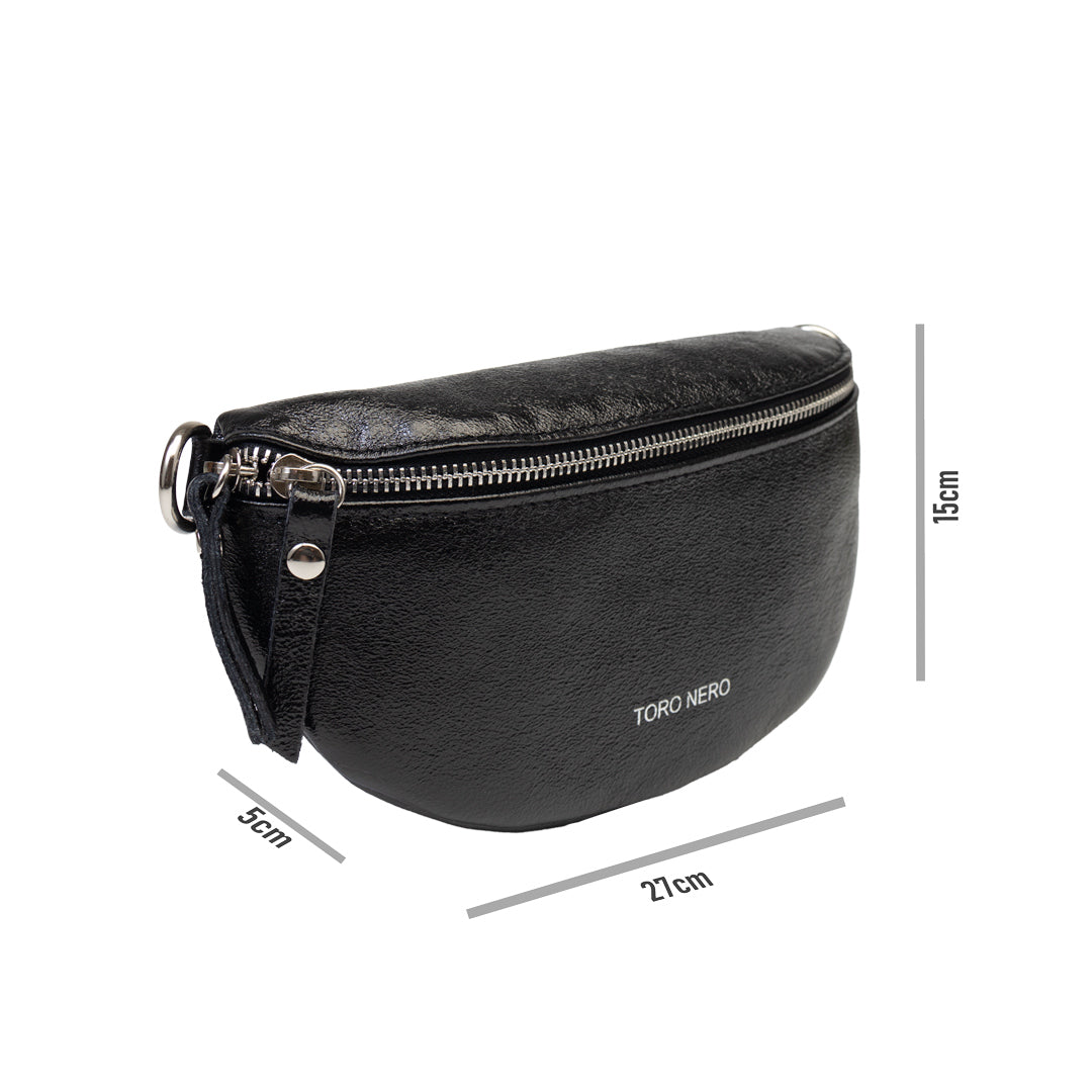Damska saszetka z naturalnej skóry, perłowoczarna, Waist Glam