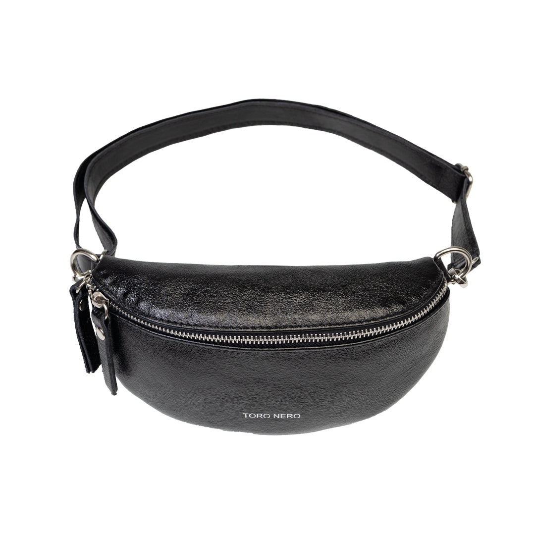 Damska saszetka z naturalnej skóry, perłowoczarna, Waist Glam
